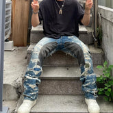 Hearujoy Harajuku Distressed Hole Tie Dye Color Match Patchwork Jeans for Men Straight Baggy Casual Pencil Pants Oversized Y2K Cargos